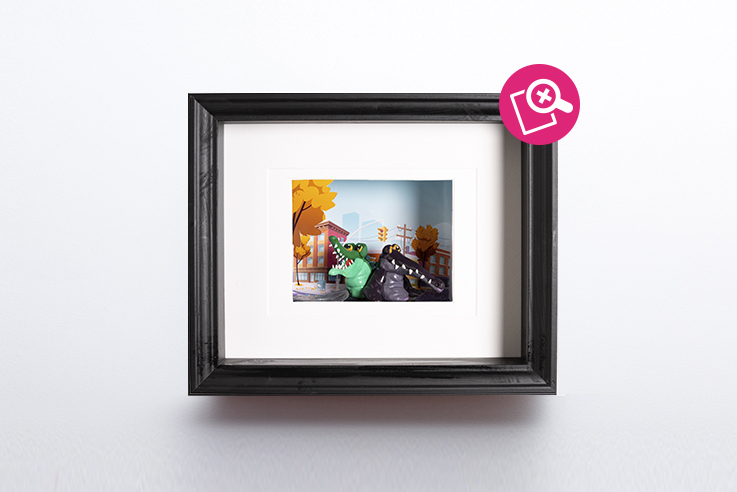 Artwork representing a little girl wanting to kiss a frog. Tableau représentant une petite fille tentant d'embrasser une grenouille.