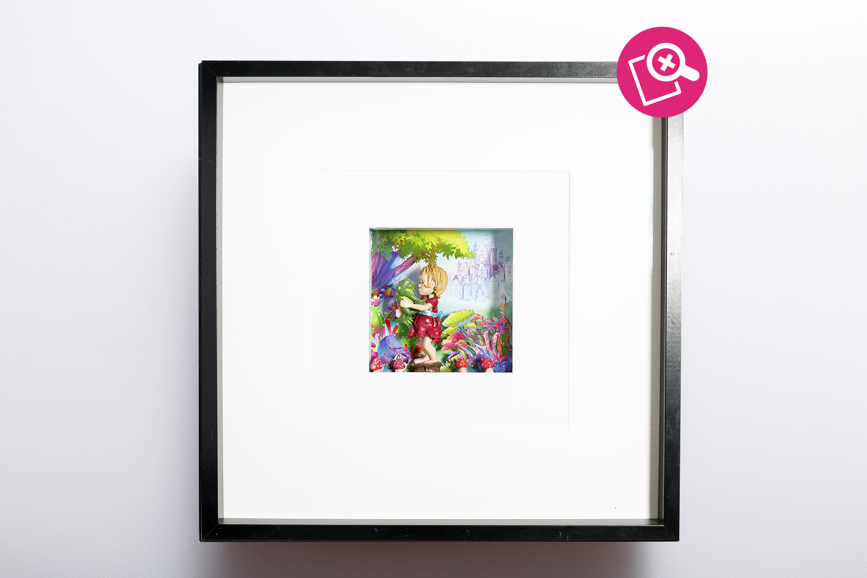 Artwork representing a little girl wanting to kiss a frog. Tableau représentant une petite fille tentant d'embrasser une grenouille.