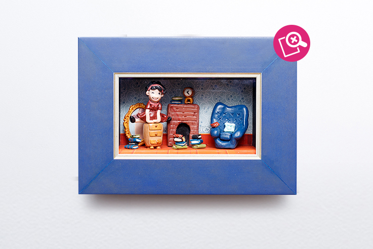 Artwork figuring a little girl inside her living room. Tableau représentant une jeune fille sautant par dessus une commode dans son salon.