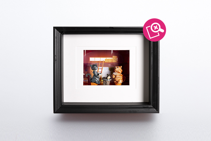 Artwork figuring a little girl inside her living room. Tableau représentant une jeune fille sautant par dessus une commode dans son salon.