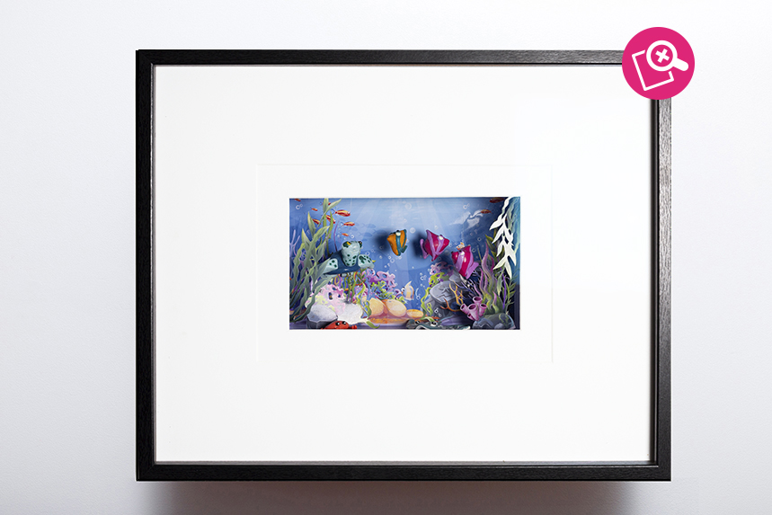 Artwork figuring a diver who's getting outside the water while an octopus and few fishes are observing him. Tableau décrivant un plongeur sortant de l'eau pendant qu'une pieuvre et des poissons l'observent. 